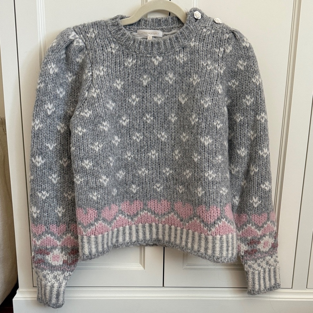 Loveshackfancy Pristine Gray Sweater with Rosette Buttons. Size Small.